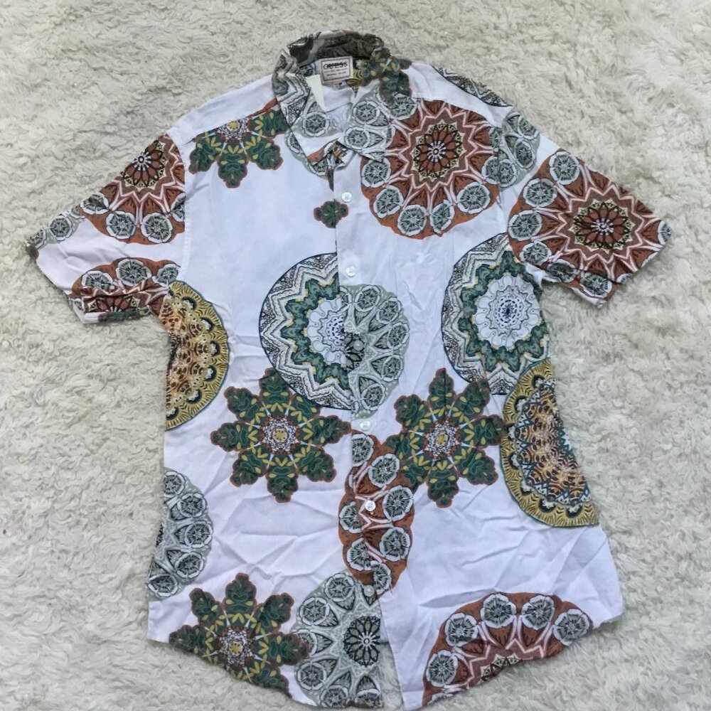 GUESS Men's Multicolor Abstract Printed Shirt Button Down Short Sleeve Rayon XS